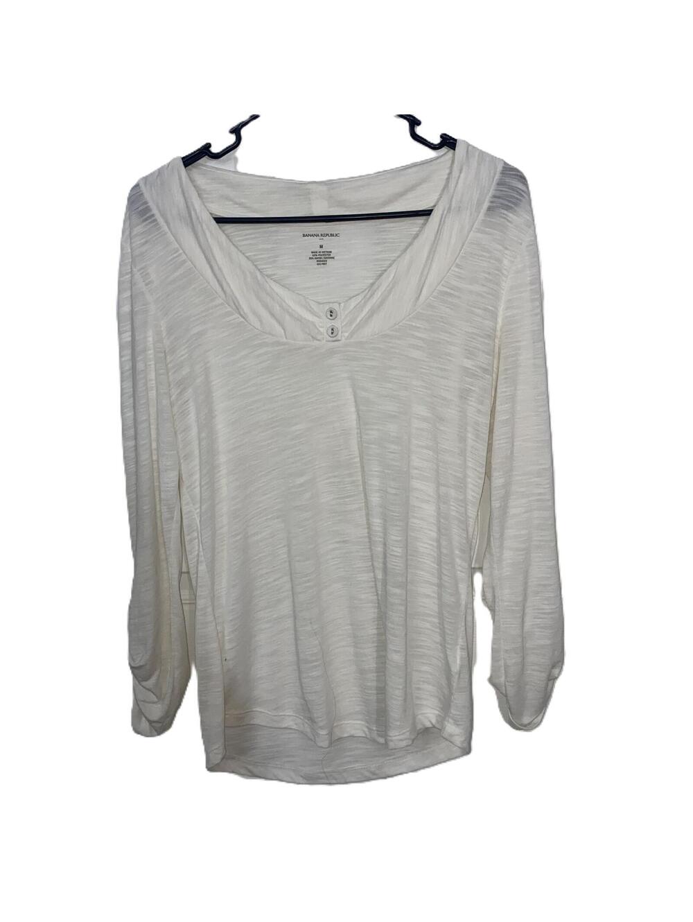 Banana Republic White Ruched Sleeve Henley Top Minimalist Size Medium Women